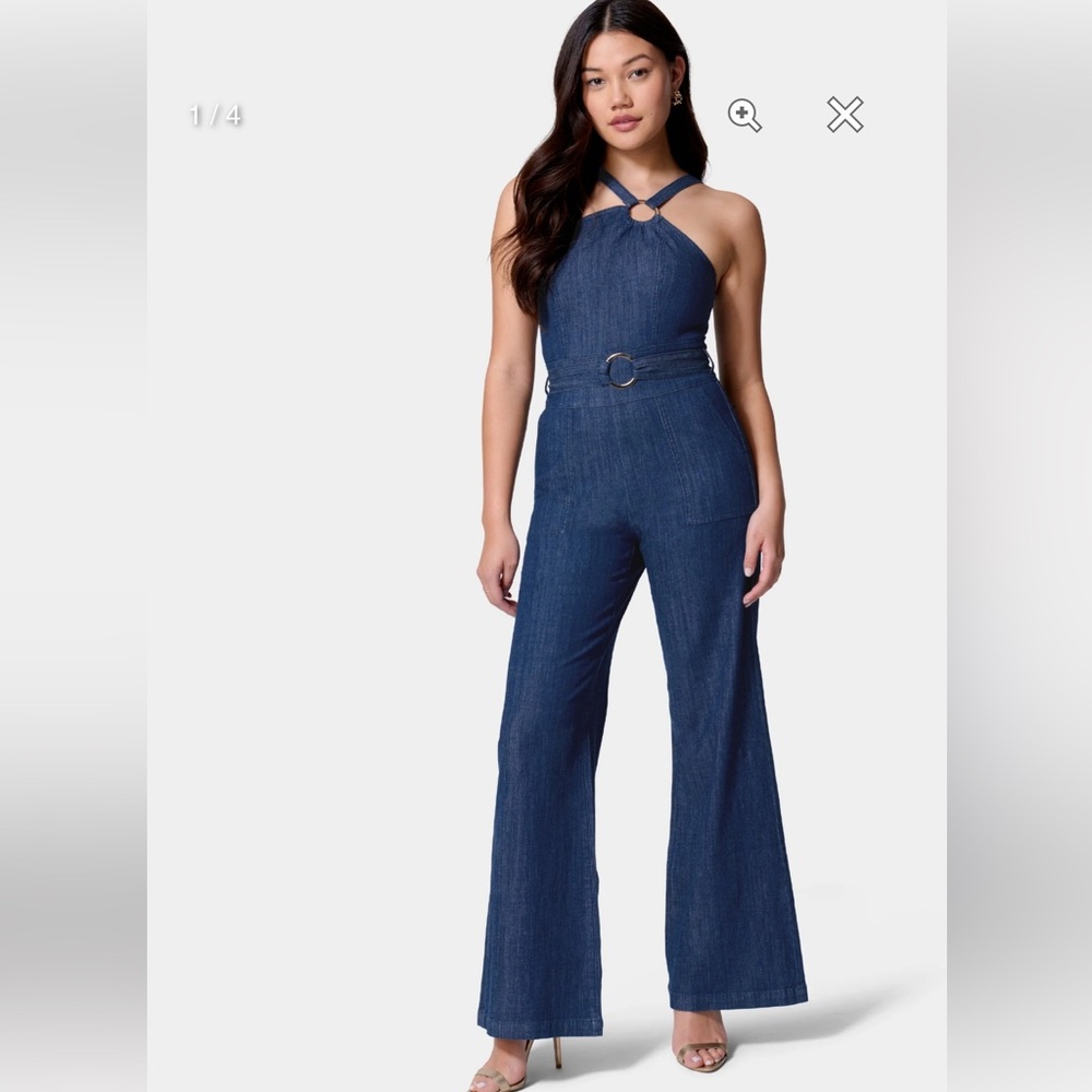 60% off *NWT* BEBE ASYMMETRIC NECKLINE WIDE LEG LIGHTWEIGHT DENIM JUMPSUIT